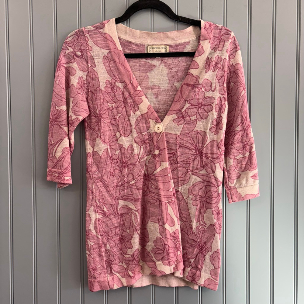 Sigrid Olsen Pink Floral Cardigan S